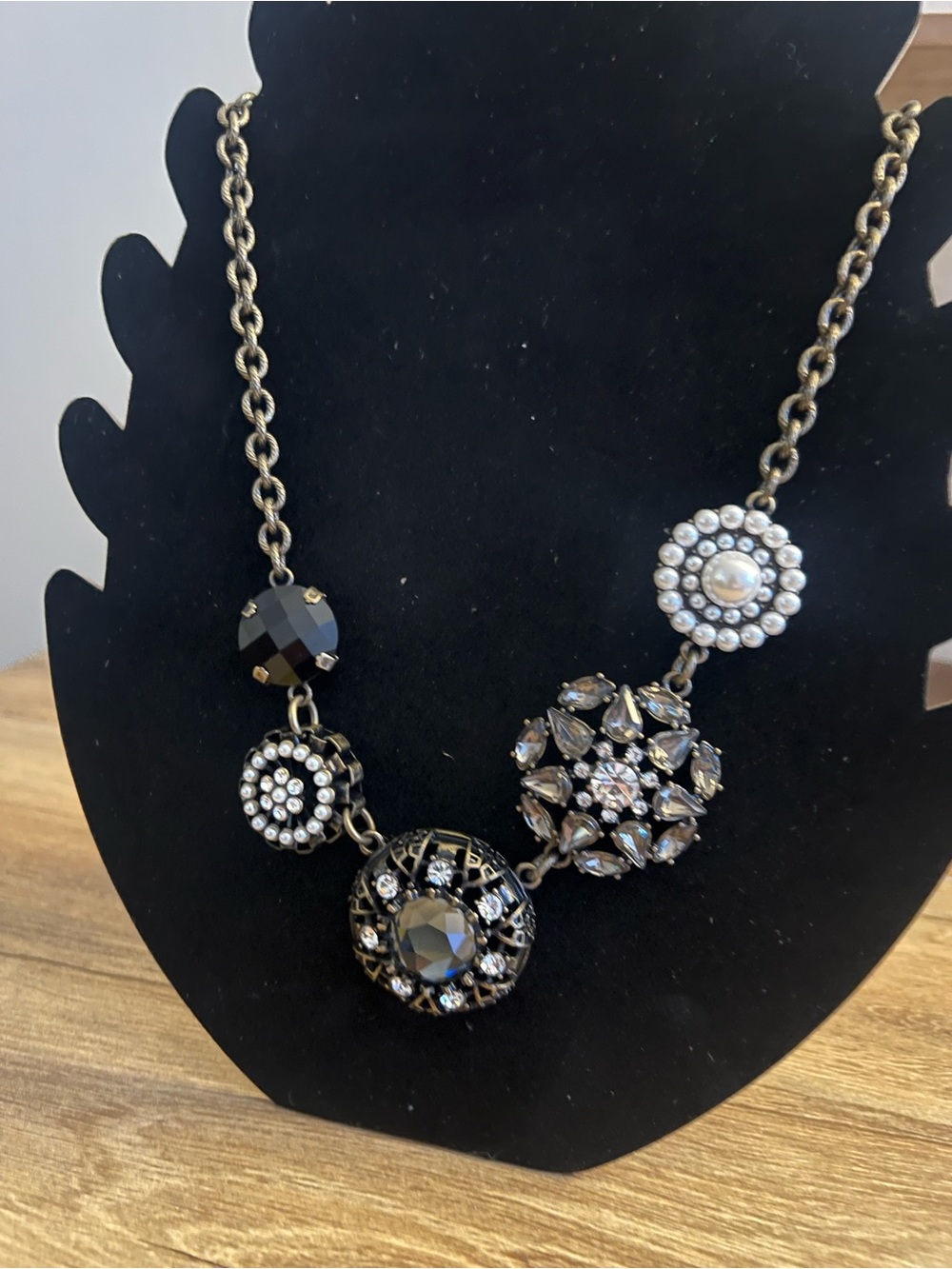 Lia Sophia Statement Necklace Black Rhinestone Faux Pearl Bib Antique Gold Tone